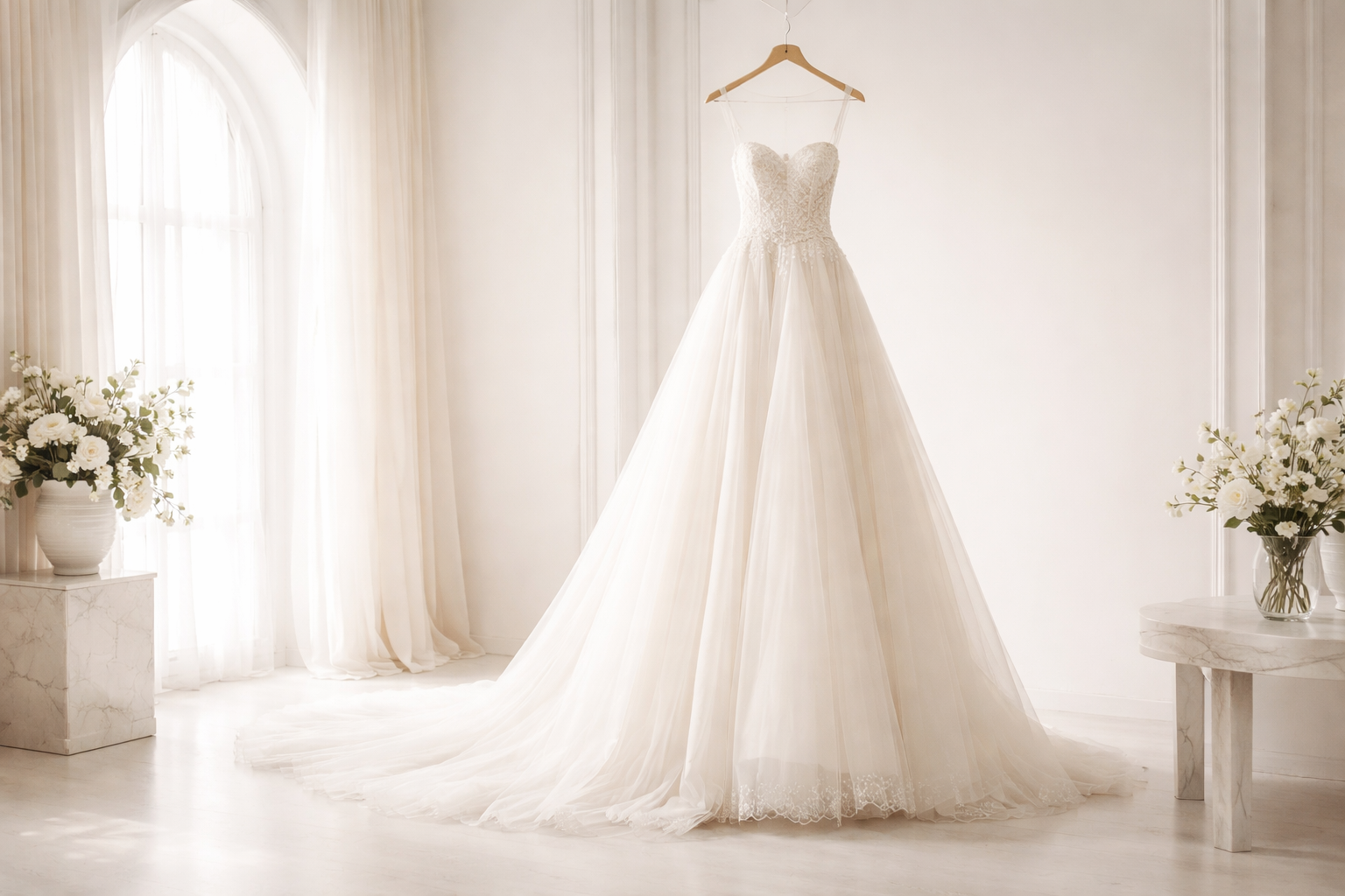 Elegant wedding gown in bright studio